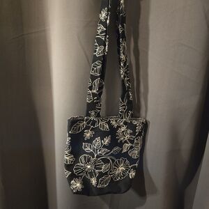 Black & White Floral Purse Bag Tote, 15" Handles, 11" X 9"